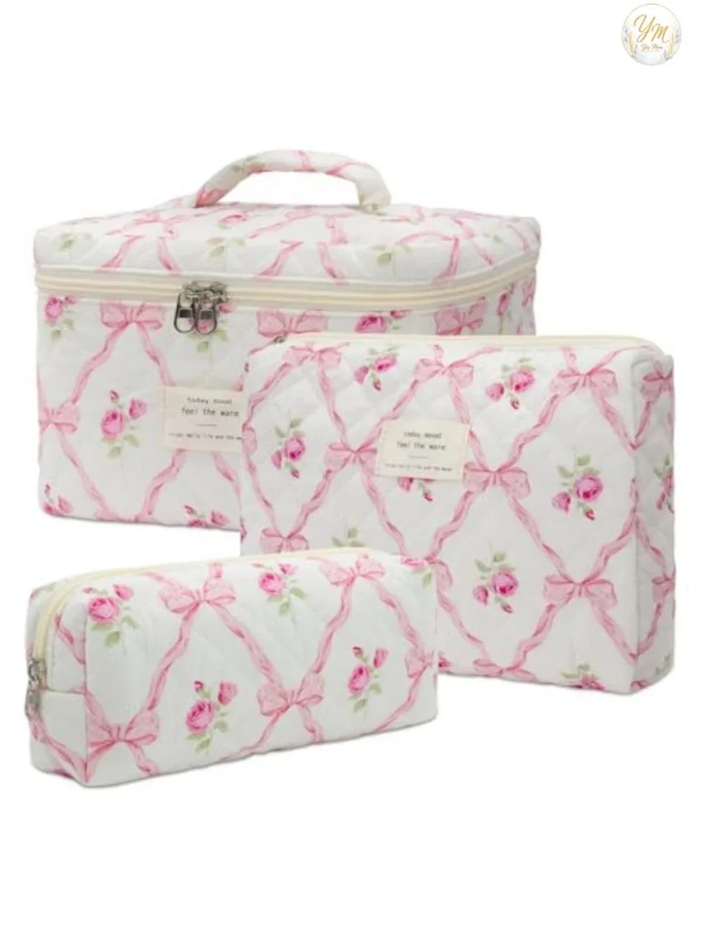 Quilted Cotton Makeup Bag Set with Floral Pattern, 3 Piece Travel Toiletry
